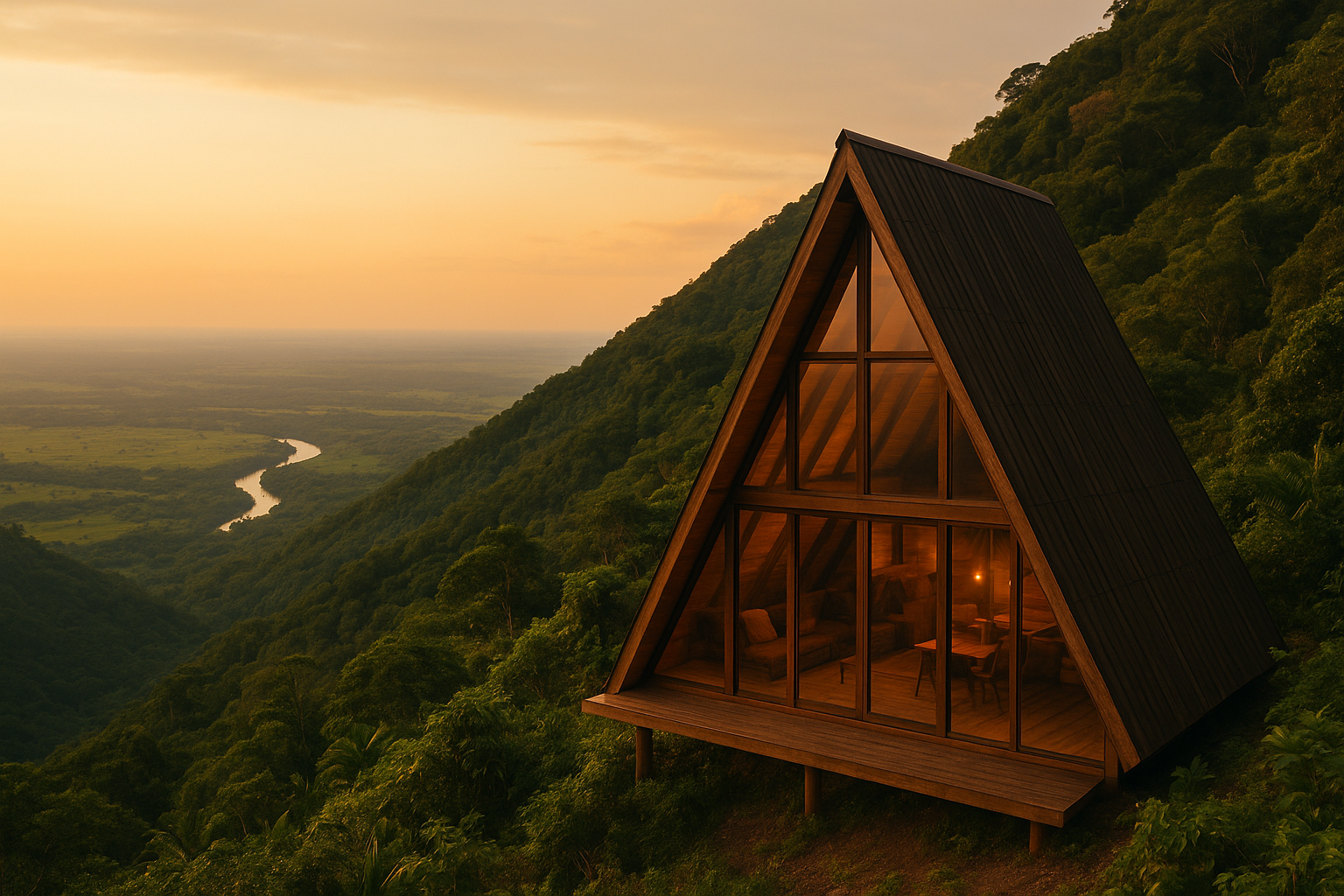 Cabaña alpina en la montaña al atardecer