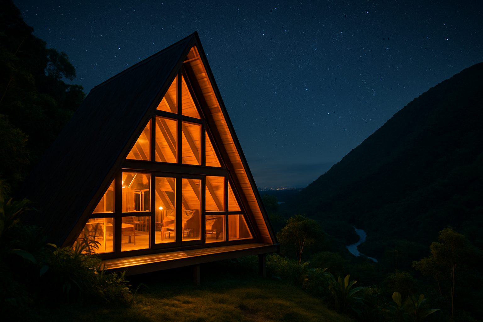 Cabaña iluminada de noche sobre la montaña